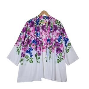 Susan Graver Cardigan Jacket Top sz L White Multicolor Floral Open Front Boho